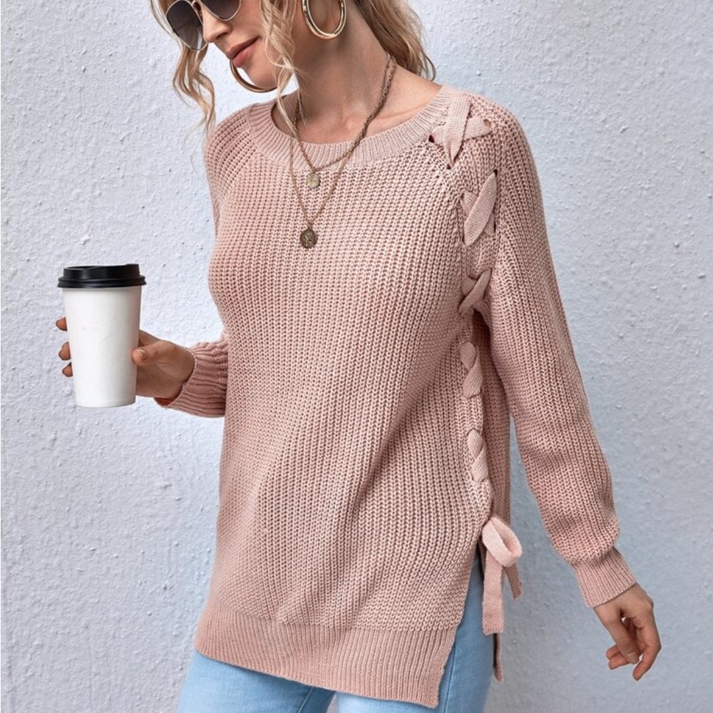 Women's Pink Knit Sweater with Side Tie Detail